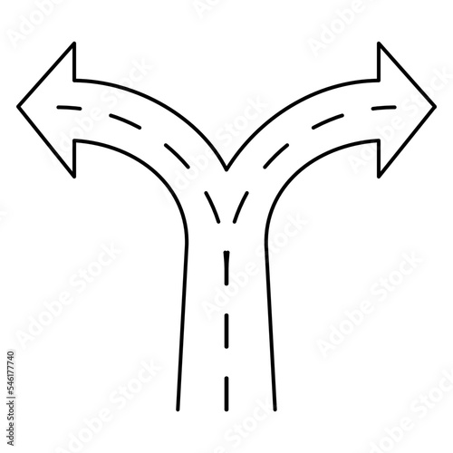 Black outline simple icon of a fork in the road or path choice. Contour vector symbol isolated on transparent background. Thin lines. Line thickness editable