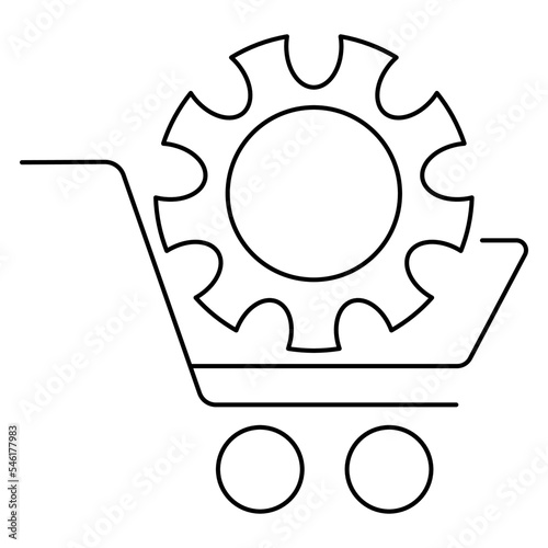 Black outline simple icon of ordering API technologies, programs or shopping cart with a gear inside. Contour vector symbol isolated on transparent background. Thin lines. Line thickness editable