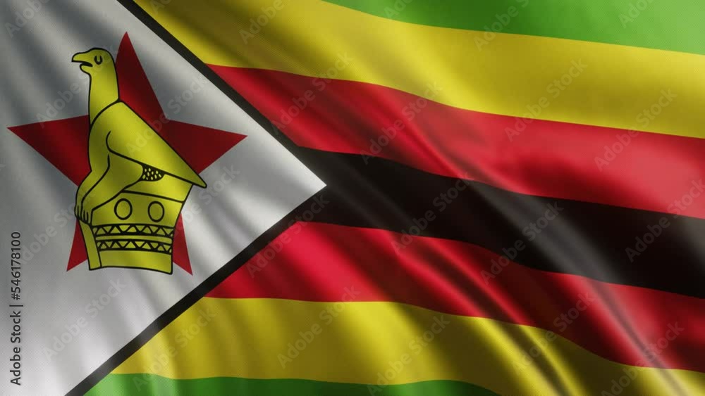 A waving Zimbabwe flag in the best quality with a fabric texture. Slow motion. 4K loop animation.