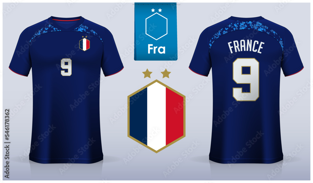 Soccer jersey or football kit template design for France national football  team. Front and back view soccer uniform. Blue Football t shirt mock up  with flat logo. Stock ベクター | Adobe Stock