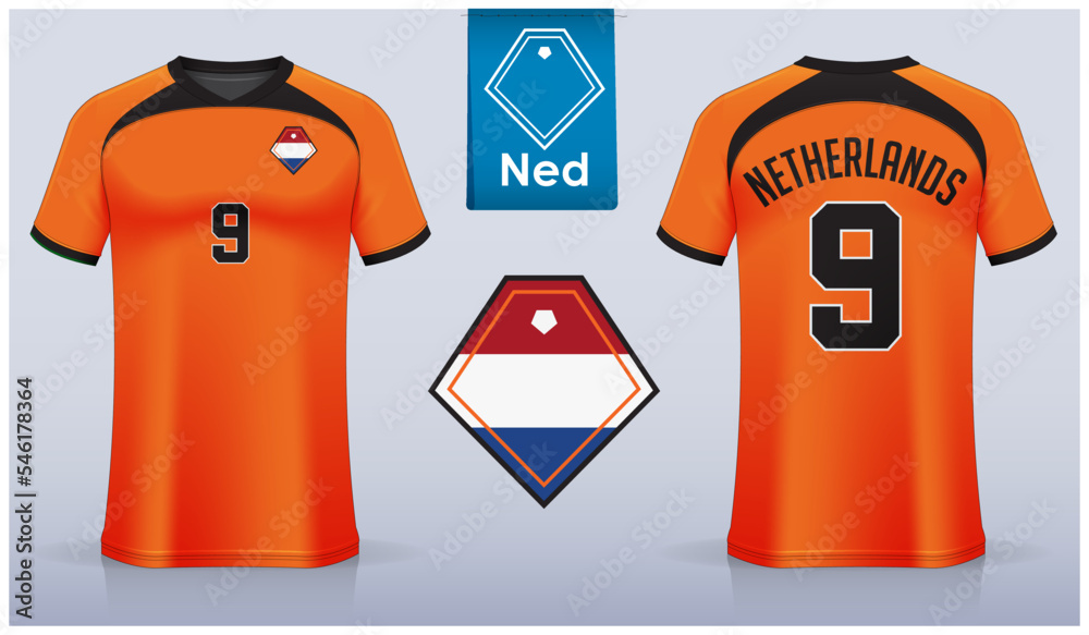 Soccer jersey or football kit template design for Netherlands national  football team. Front and back view soccer uniform. Orange football t shirt  mock up with flat logo. Stock ベクター | Adobe Stock