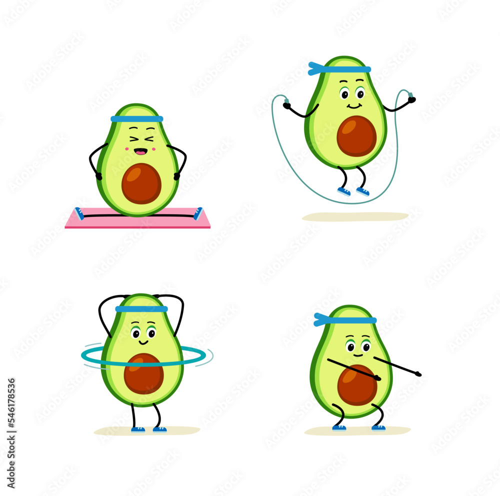 Obraz premium Cartoon Avocado gym, health, fitness. Set Vector illustration concept healthy