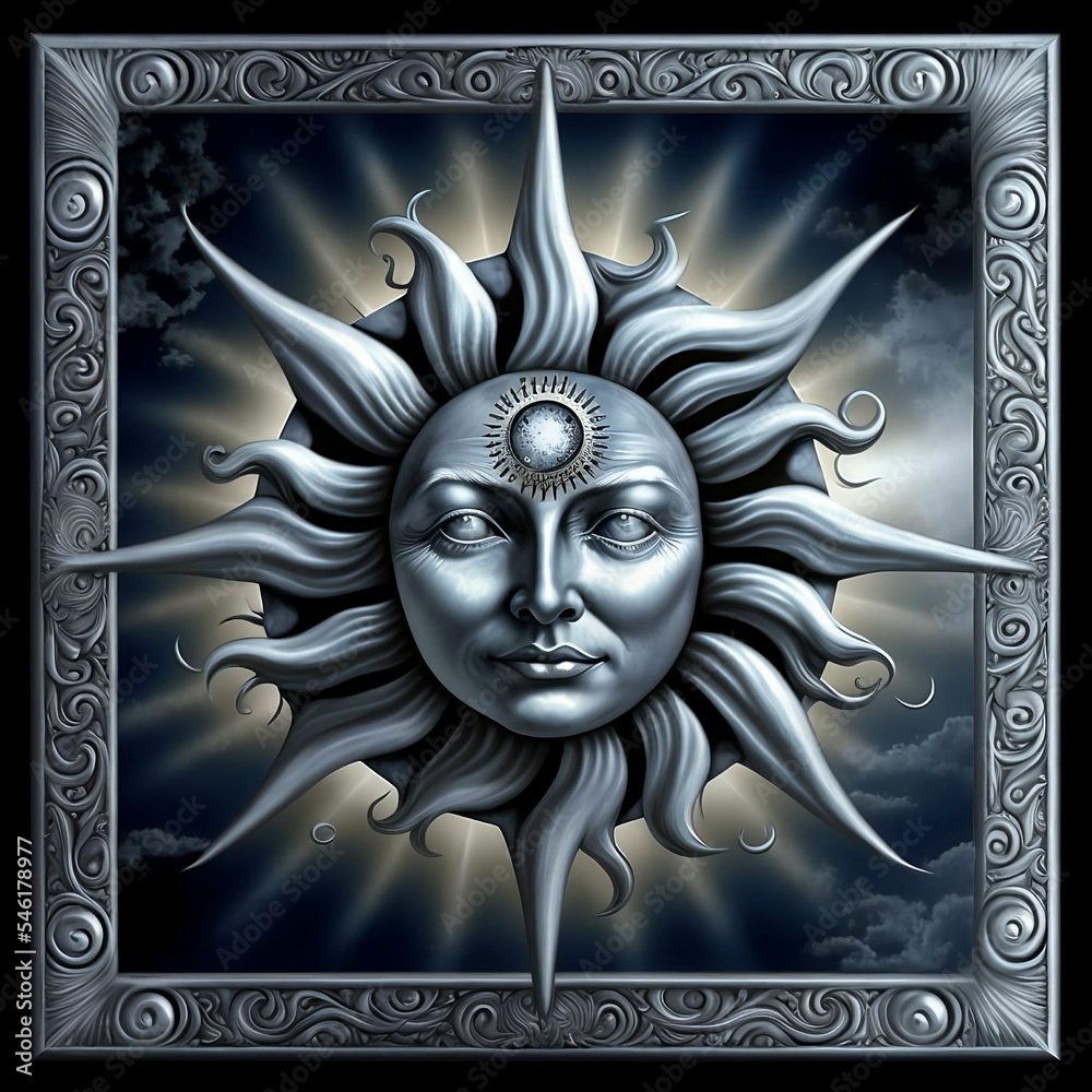Sun Moon Face Metallic Artwork Design | Created using Midjourney and Photoshop