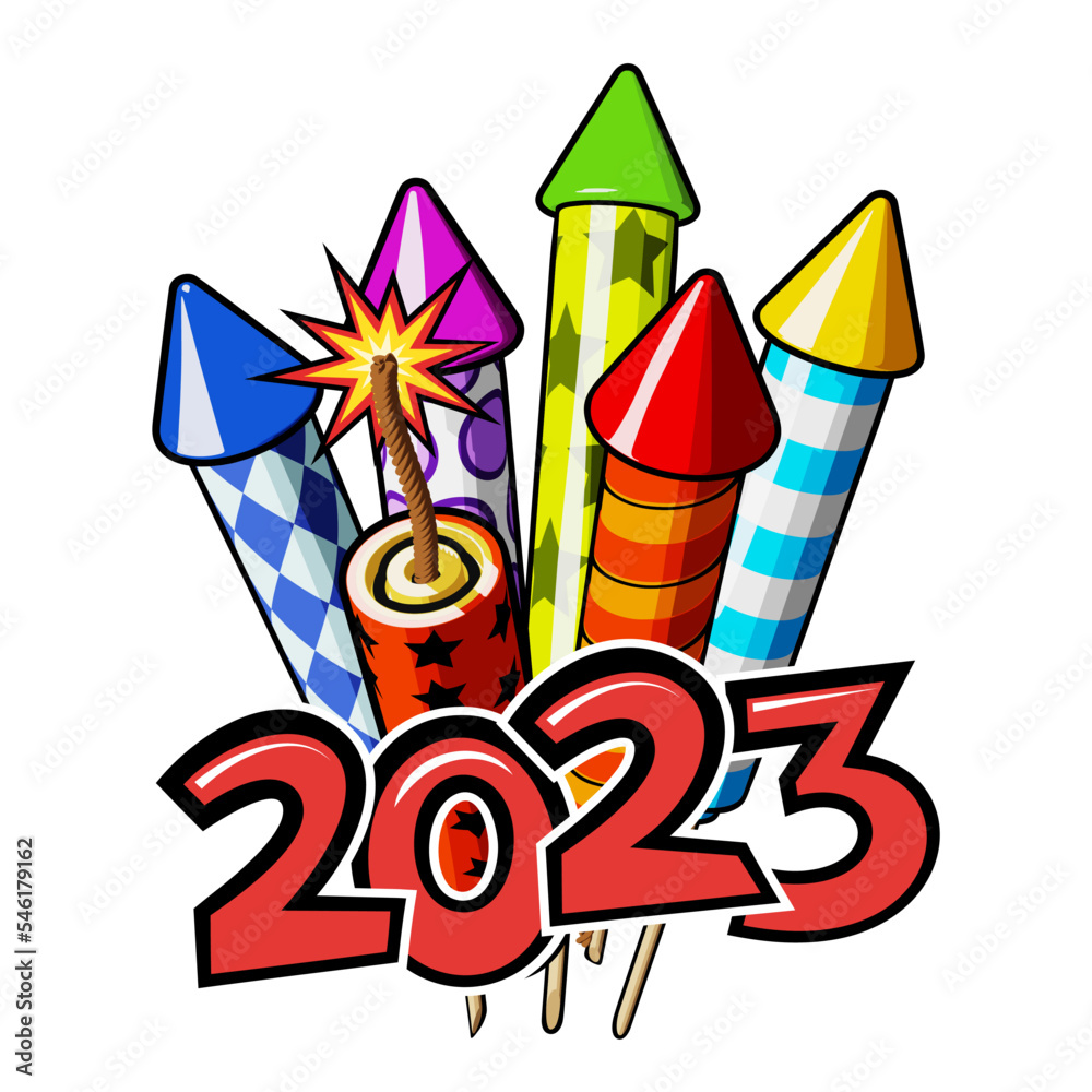 New year fireworks and 2023 text in comic pop art style. Vector illustration on white background New year fireworks and 2023 text in comic pop art style. Vector illustration on white background