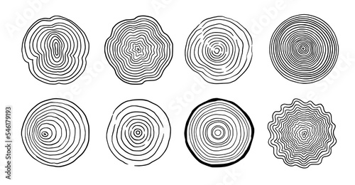 Tree ring wood circle set. Hand drawn tree ring pattern, line ripple circle wood texture. Wood organic slice line design. Vector illustration.