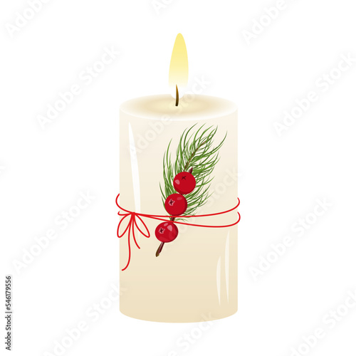 A white candle decorated with cranberries and a spruce branch.  An element of Christmas and New Year holidays.Vector illustration.