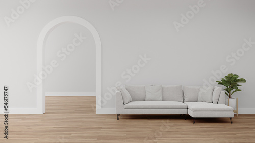 Grey arch wall with sofa and houseplant on wooden floor. 3d rendering of interior living room