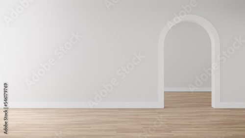 Empty grey arch wall with white skirting board on wooden floor. 3d rendering of interior living room