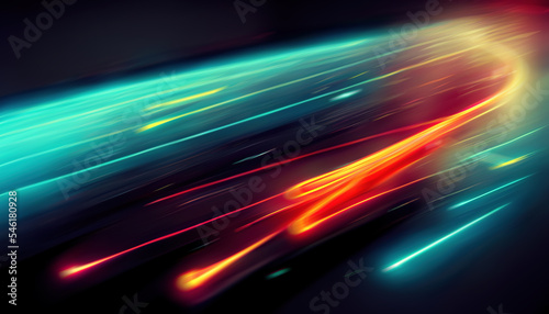 Light trail. Glow motion. Night traffic speed. Blur neon blue orange red color laser rays on dark black collage abstract background.
