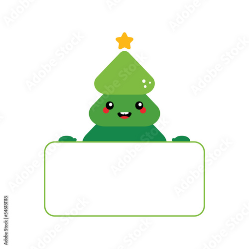 Cute smiling green christmas trees character holding in hands blank card, banner. 