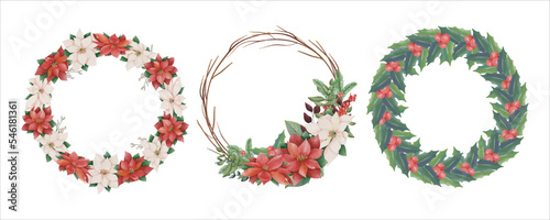 Set Watercolor Christmas floral frame or winter floral wreath consisting of flowers, leaves and branches. Frame vignette with a bouquet of flowers. Crown and Arch. Suitable for holiday invitation card