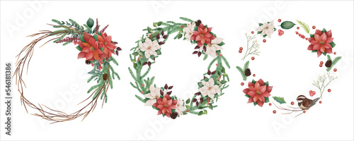 Set Watercolor Christmas floral frame or winter floral wreath consisting of flowers, leaves and branches. Frame vignette with a bouquet of flowers. Crown and Arch. Suitable for holiday invitation card