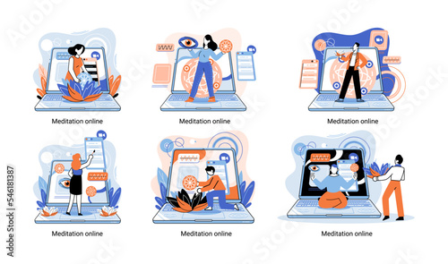 Meditation online metaphor. Classes on laptop, practicing yoga, mental exercises. Live stream, internet education. Wellness practice restore peace mind. Healthy lifestyle, clearing brain and managing