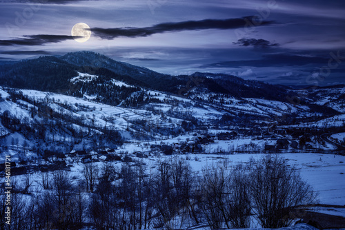 carpathian rural valley in winter at night. wonderful mountain landscape with village in full moon light. snow covered fields on the hills