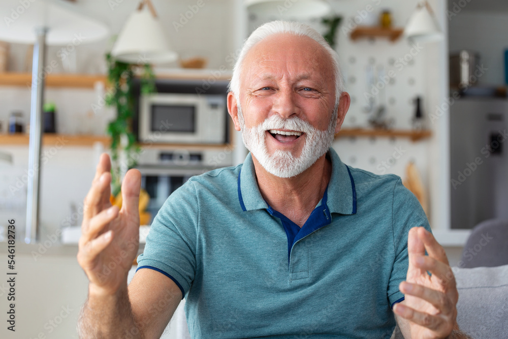 Smiling senior man wave to camera having video call on laptop, happy elderly male sit on couch at home talk using modern technologies and wireless connection Smiling senior man wave to camera having video call on laptop, happy elderly male sit on couch at home talk using modern technologies and wireless connection