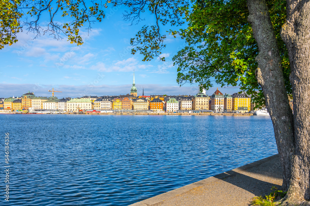 Panoramic view of colourful houses in Old Town, Swedish: Gamla Stan, on sea embankment in Stockholm, Sweden