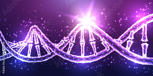 Abstract glowing DNA molecule structure purple background in futuristic glowing low polygonal style