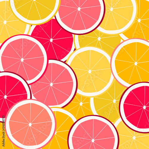 Banner, button, sticker, background with lemon, orange, grapefruit slices