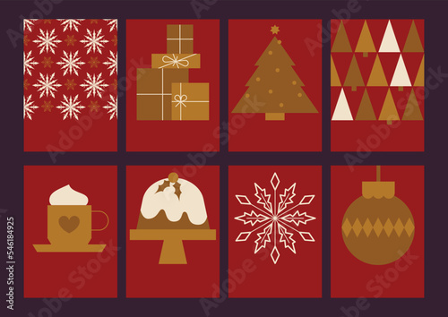 Set, collection of Christmas cards. Symbols of New year, Christmas, winter holidays. Red and gold design with Christmas tree, snowflake, gift boxes, decoration, food and drink