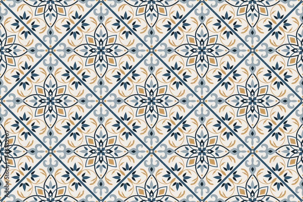 Seamless colorful patchwork tile with Islam, Arabic, Indian, ottoman motifs. Majolica pottery tile. Portuguese and Spain azulejo. Ceramic tile in talavera style. Vector illustration.
