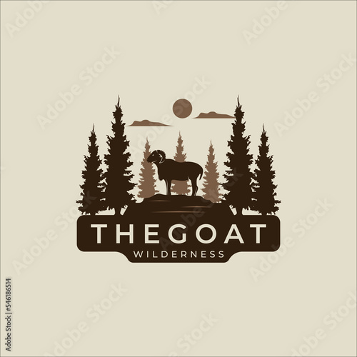 goat at nature forest logo vector vintage illustration template icon graphic design. animal sign or symbol for business livestock and ranch or wildlife wilderness concept