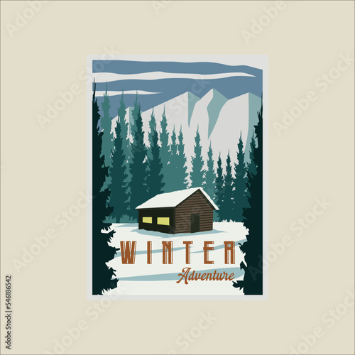 cabin or cottage at winter landscape poster vector illustration template design. snow at nature forest banner for travel or business tourism