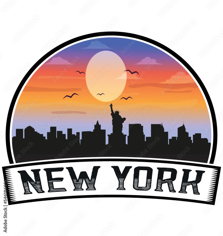 New York New York USA Skyline Sunset Travel Souvenir Sticker Logo Badge Stamp Emblem Coat of Arms Vector Illustration EPS