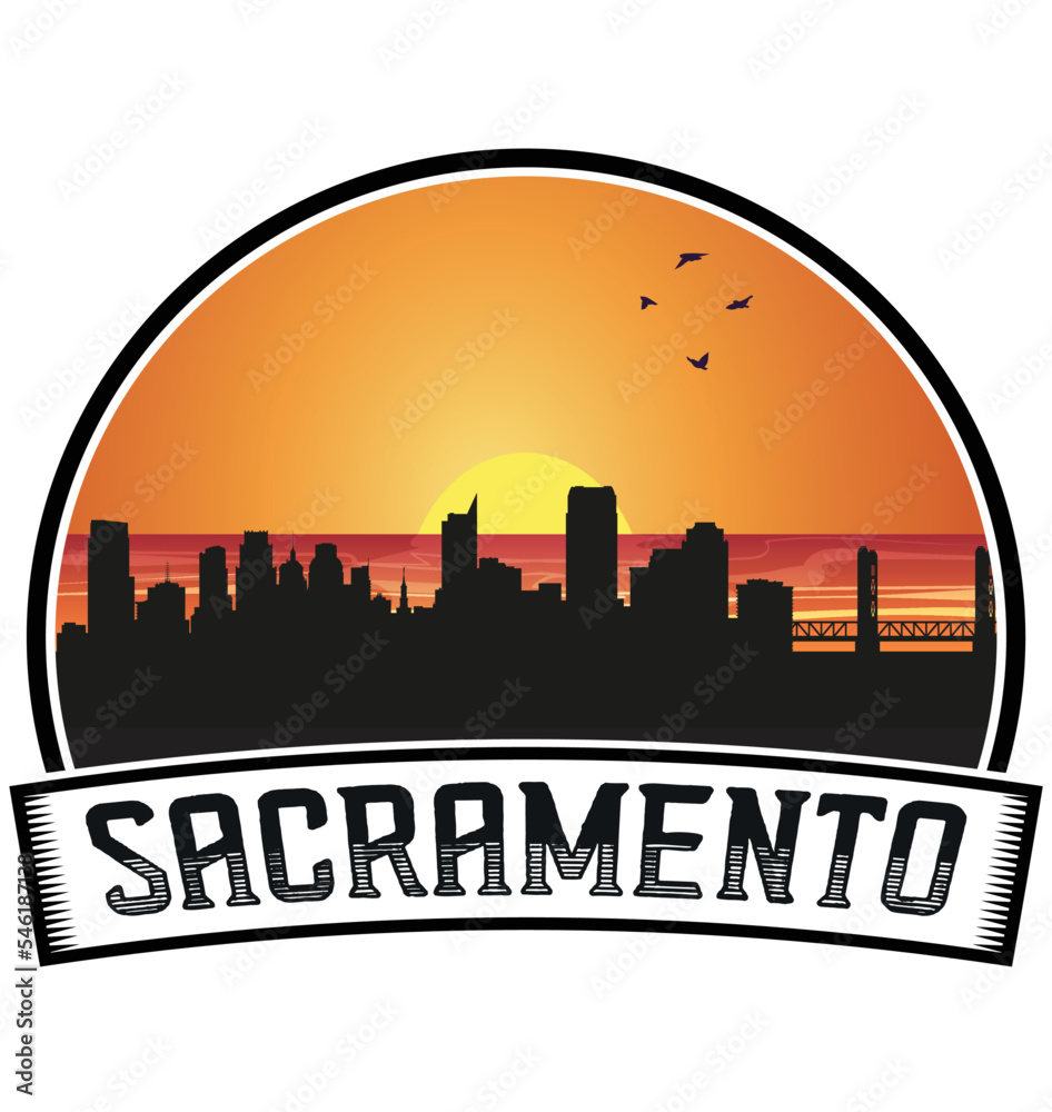 Sacramento California USA Skyline Sunset Travel Souvenir Sticker Logo Badge Stamp Emblem Coat of Arms Vector Illustration EPS