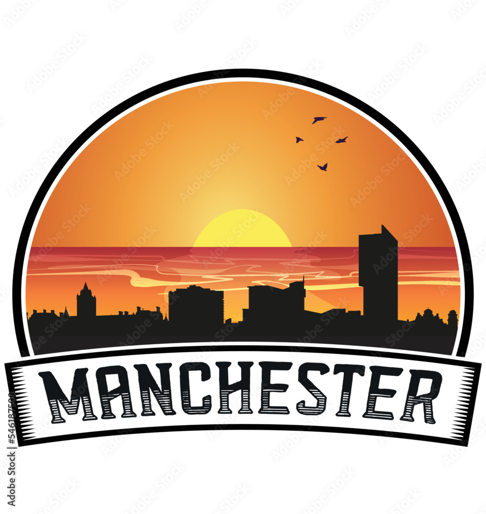 Manchester England Skyline Sunset Travel Souvenir Sticker Logo Badge Stamp Emblem Coat of Arms Vector Illustration EPS