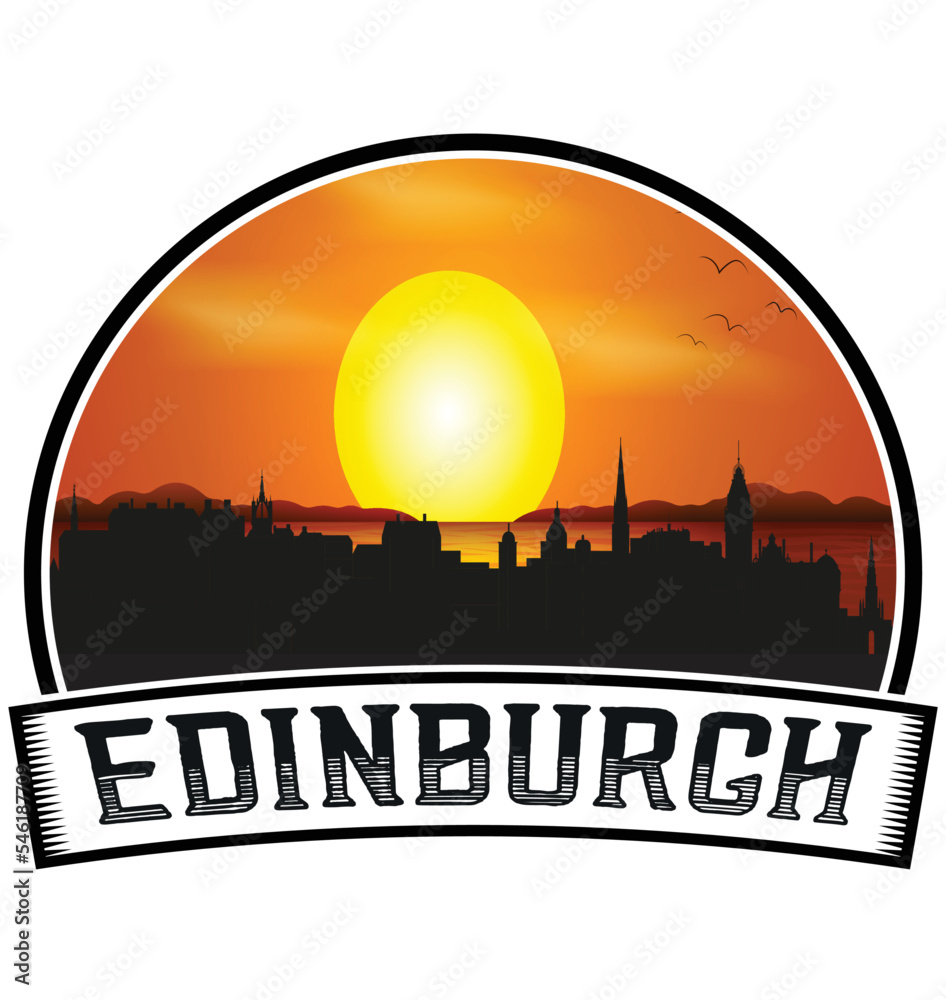 Edinburgh Scotland Skyline Sunset Travel Souvenir Sticker Logo Badge Stamp Emblem Coat of Arms Vector Illustration EPS