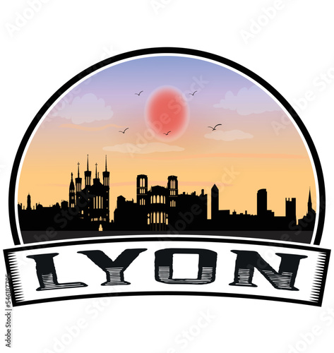 Lyon France Skyline Sunset Travel Souvenir Sticker Logo Badge Stamp Emblem Coat of Arms Vector Illustration EPS