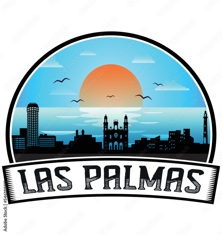 Las Palmas Spain Skyline Sunset Travel Souvenir Sticker Logo Badge Stamp Emblem Coat of Arms Vector Illustration EPS