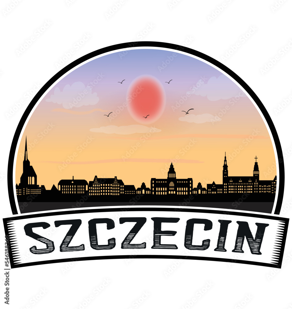 Szczecin Poland Skyline Sunset Travel Souvenir Sticker Logo Badge Stamp Emblem Coat of Arms Vector Illustration EPS