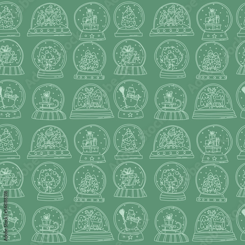 Seamless pattern with holiday snowballs outline green