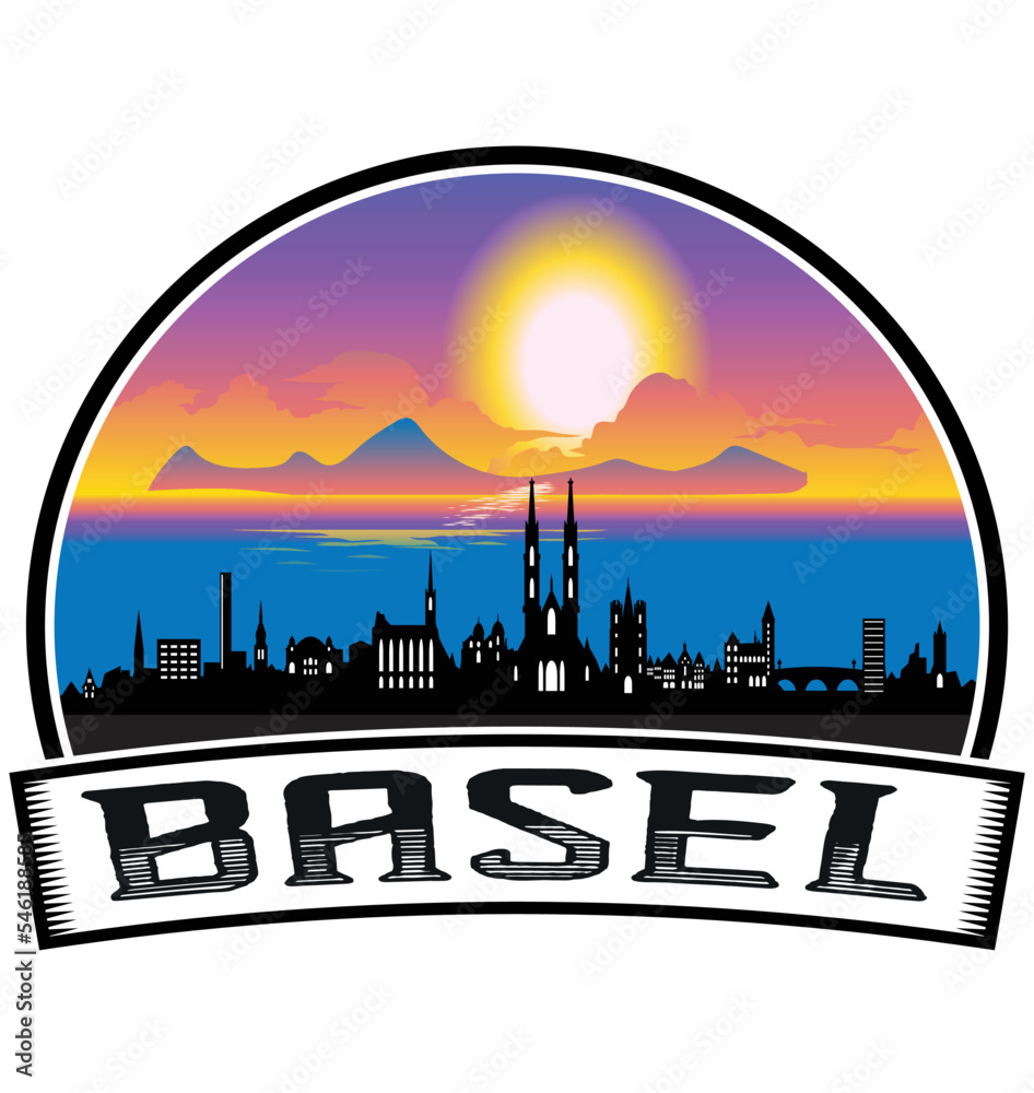 Basel Switzerland Skyline Sunset Travel Souvenir Sticker Logo Badge Stamp Emblem Coat of Arms Vector Illustration EPS