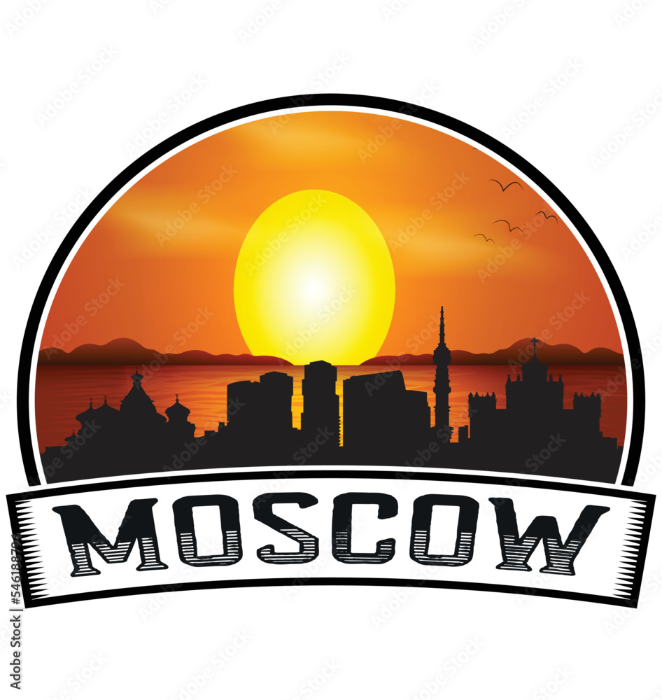 Moscow Russia Skyline Sunset Travel Souvenir Sticker Logo Badge Stamp Emblem Coat of Arms Vector Illustration EPS