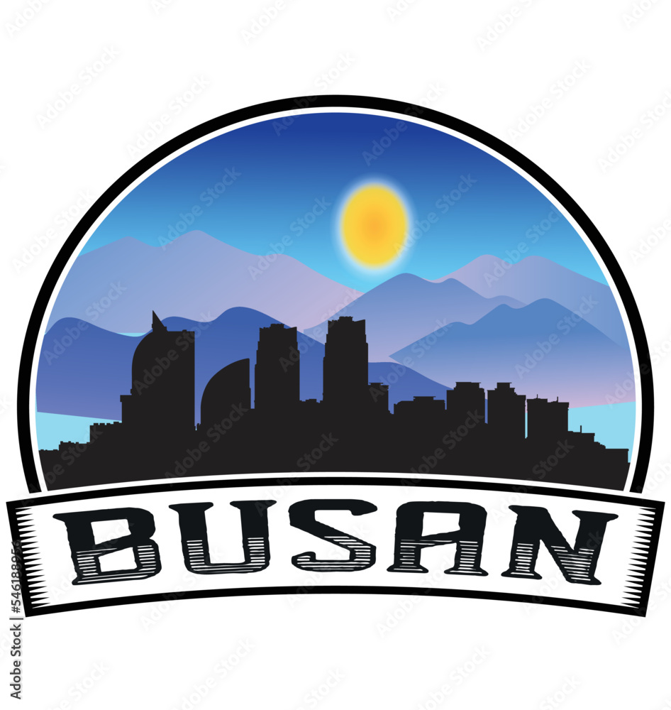 Busan South Korea Skyline Sunset Travel Souvenir Sticker Logo Badge Stamp Emblem Coat of Arms Vector Illustration EPS