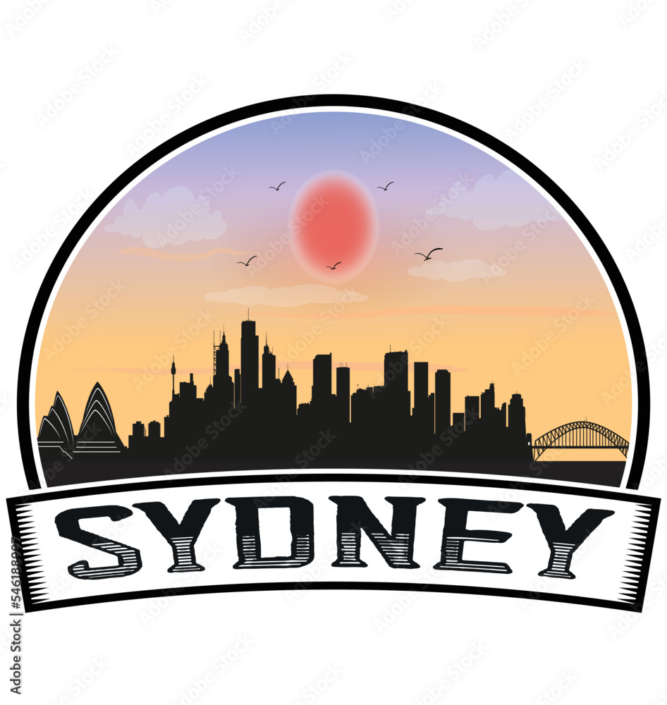 Sydney Australia Skyline Sunset Travel Souvenir Sticker Logo Badge Stamp Emblem Coat of Arms Vector Illustration EPS