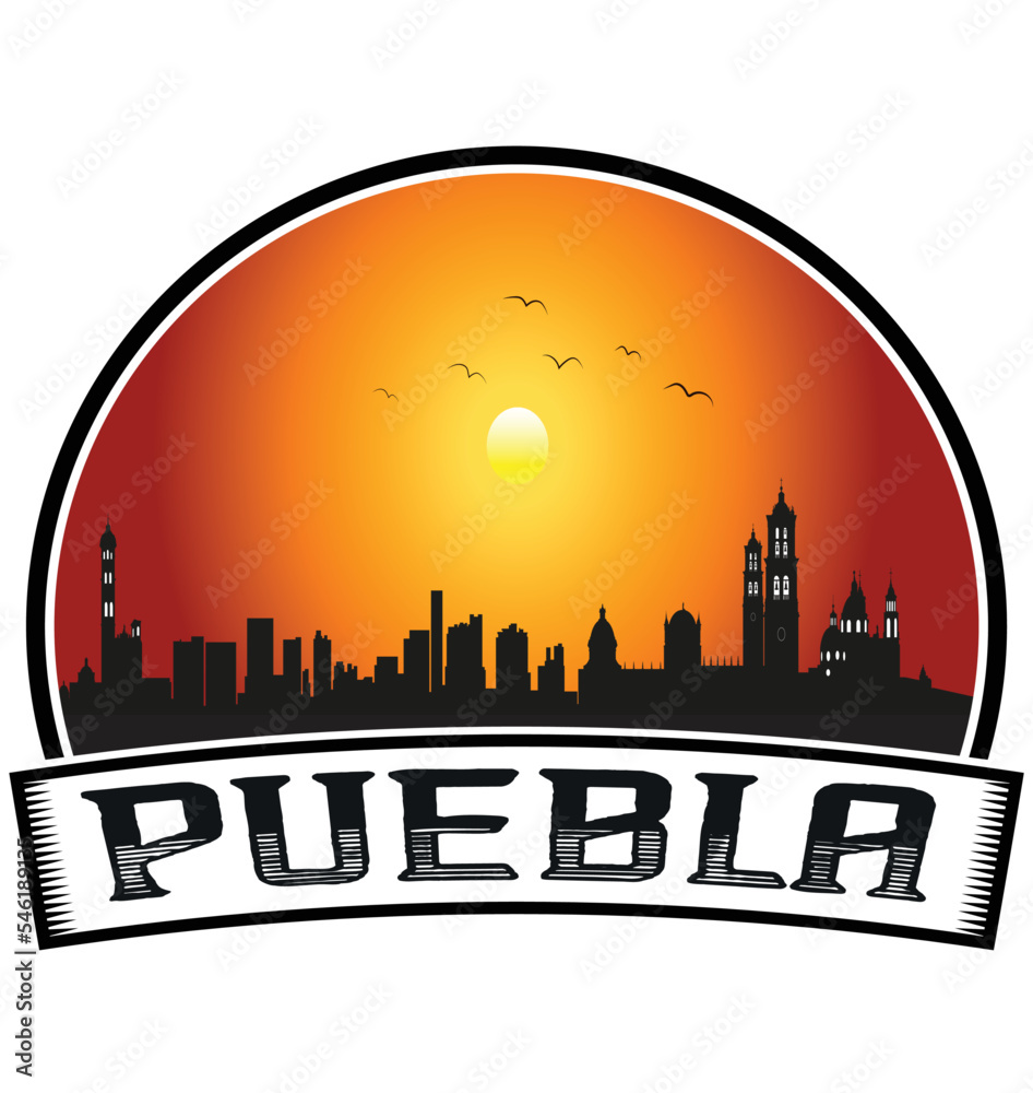 Puebla Mexico Skyline Sunset Travel Souvenir Sticker Logo Badge Stamp Emblem Coat of Arms Vector Illustration EPS