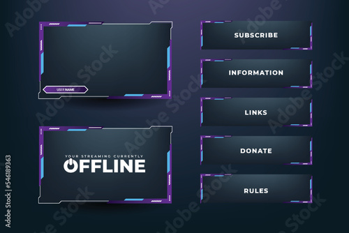 Gaming frame overlay design with creative shapes. Modern live streaming screen interface decoration with purple and blue colors. Futuristic gaming border design on a dark background.