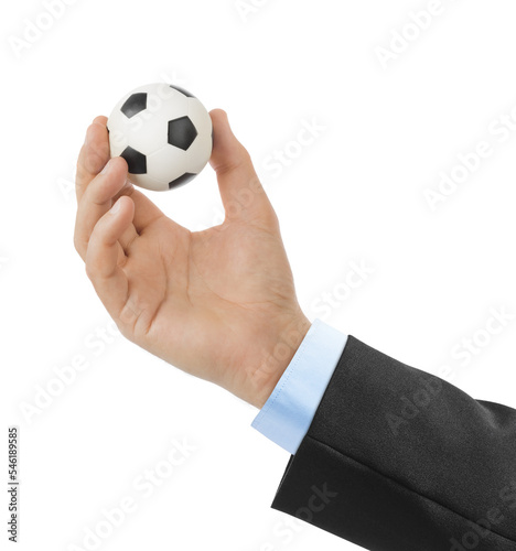 Hand with sport shoe and soccer football ball