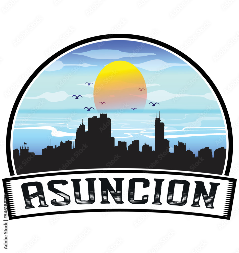Asuncion Paraguay Skyline Sunset Travel Souvenir Sticker Logo Badge Stamp Emblem Coat of Arms Vector Illustration EPS