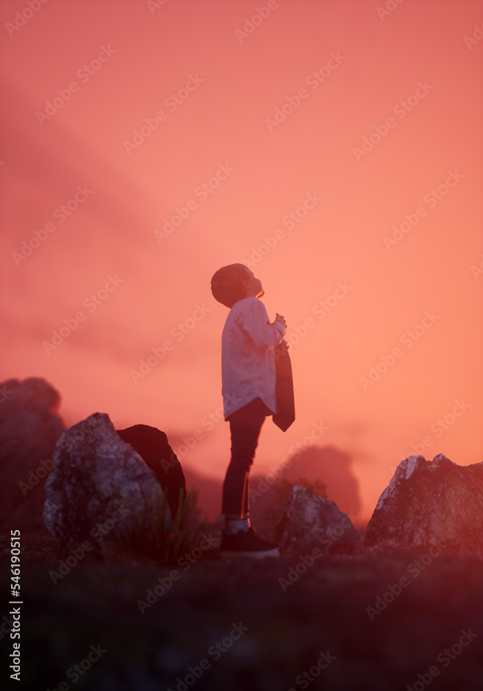Lone teenage boy stands in a misty barren rocky landscape looking up to the sunrise sky. Side view. 3D render.