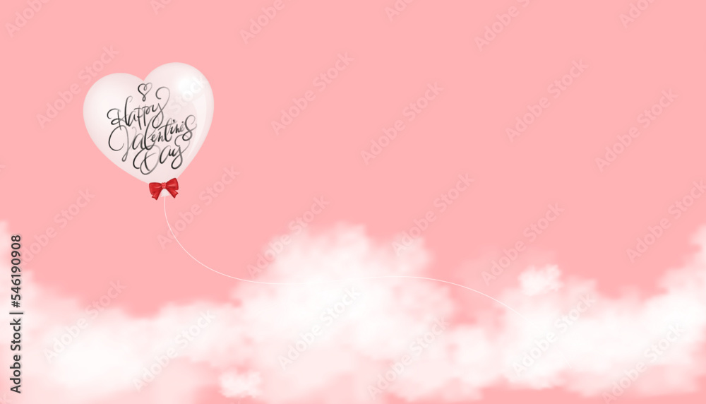 Valentine s day concept. Vector illustration 3D Heart Balloon flying on pink sky and cloud background. Love concept for Valentine s day  greeting card