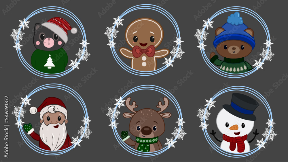 Obraz premium Christmas characters deer, snowman, bear and many others
