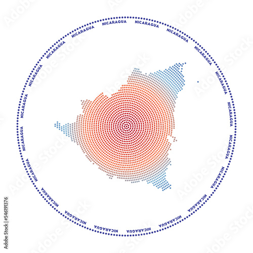 Nicaragua round logo. Digital style shape of Nicaragua in dotted circle with country name. Tech icon of the country with gradiented dots. Captivating vector illustration.