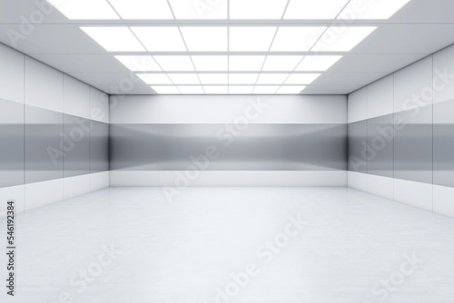 Front view on white interior empty room with blank floor for product presentation or car background with illuminated LED lamps on top. 3D rendering, mockup