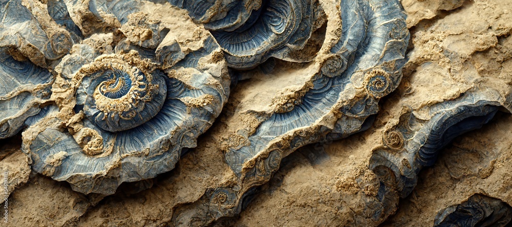 Ammonite sea shell spirals and sandstone rock. Curved layers and detailed blue surface fossil texture patterns - macro closeup background resource. Ammonite sea shell spirals and sandstone rock. Curved layers and detailed blue surface fossil texture patterns - macro closeup background resource.