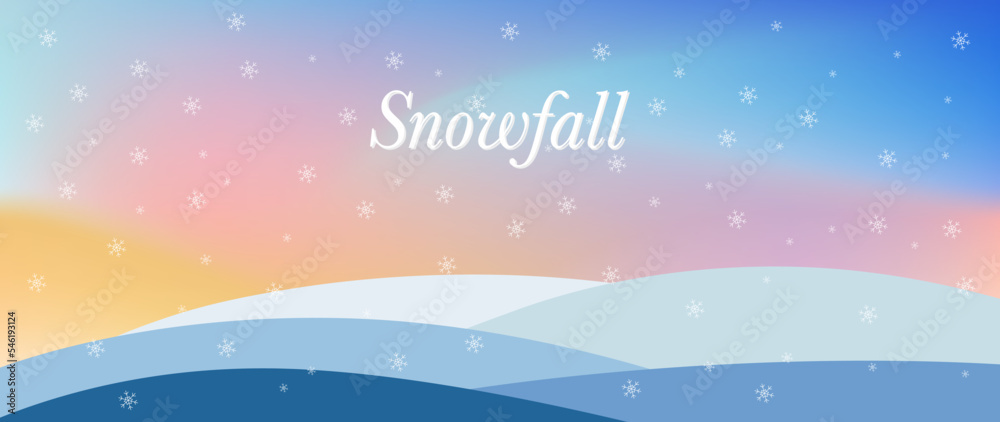 Vector illustration. Winter season. Background with snowfall, aurora borealis and hills. Landscape for banner, poster, cover, as wall art and home decor.