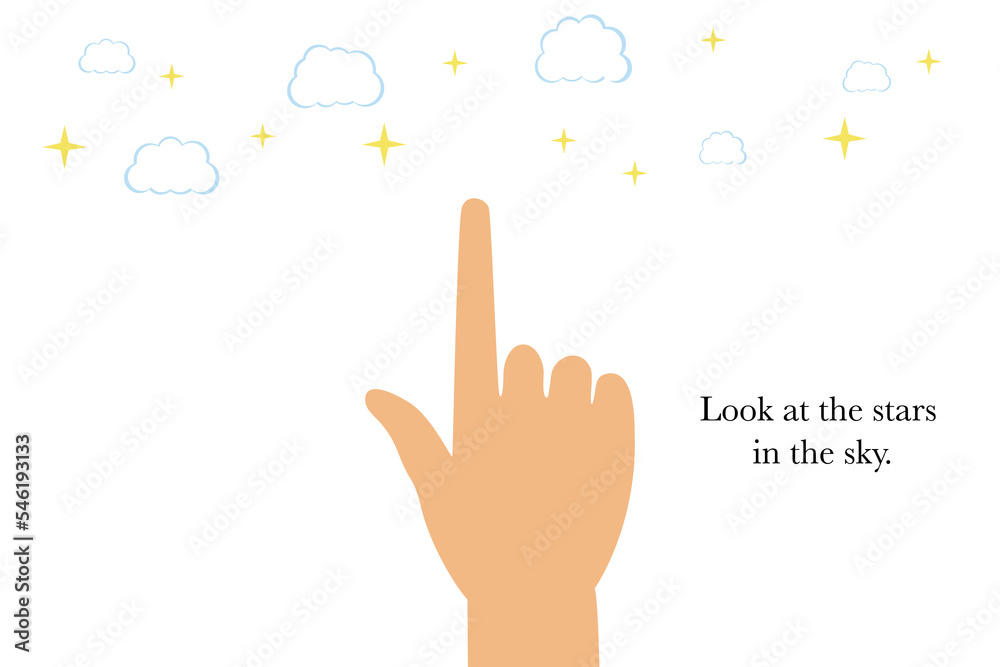 Vector illustration. The concept of a pose. Male or female hand pointing up. In the picture, the hand points to the clouds and stars. Cartoon style. Suitable for a sticker or emoji for messengers. Vector illustration. The concept of a pose. Male or female hand pointing up. In the picture, the hand points to the clouds and stars. Cartoon style. Suitable for a sticker or emoji for messengers.
